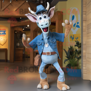 Blue Okapi mascot costume character dressed with a Denim Shorts and Belts