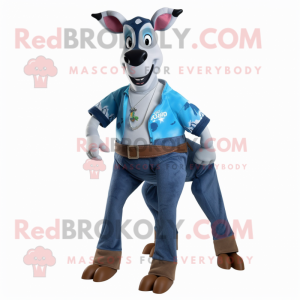 Blue Okapi mascot costume character dressed with a Denim Shorts and Belts