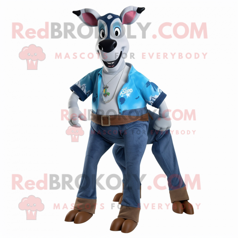 Blue Okapi mascot costume character dressed with a Denim Shorts and Belts