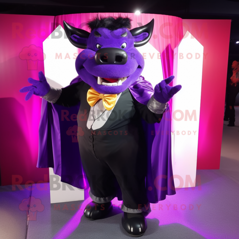 Purple Buffalo mascot costume character dressed with a Tuxedo and Shawls Purple Buffalo mascot costume character dressed with a Tuxedo and Shawls