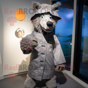 Gray Shepard'S Pie mascot costume character dressed with a Raincoat and Lapel pins