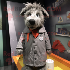 Gray Shepard'S Pie mascot costume character dressed with a Raincoat and Lapel pins