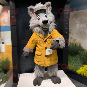 Gray Shepard'S Pie mascot costume character dressed with a Raincoat and Lapel pins