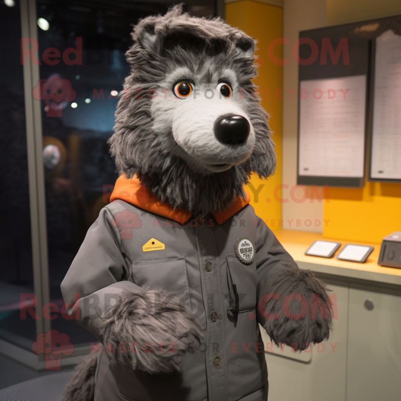 Gray Shepard'S Pie mascot costume character dressed with a Raincoat and Lapel pins