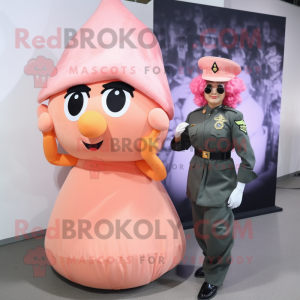 Peach Commando mascot costume character dressed with a Evening Gown and Berets
