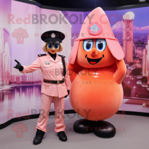 Peach Commando mascot costume character dressed with a Evening Gown and Berets