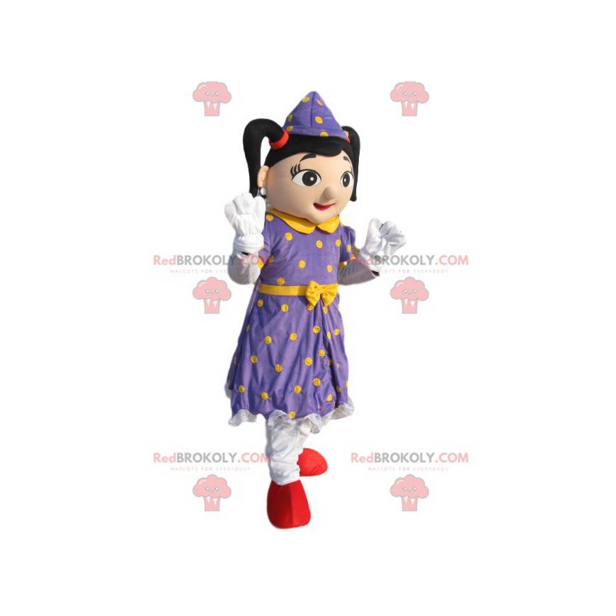 Mascote fada com vestido roxo com bolinhas amarelas -