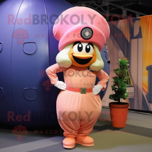 Peach Commando mascot costume character dressed with a Evening Gown and Berets