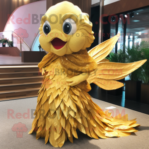 Gold Betta Fish mascot costume character dressed with a A-Line Dress and Shawl pins