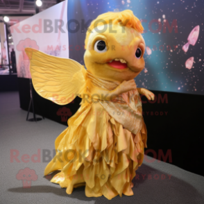 Gold Betta Fish mascot costume character dressed with a A-Line Dress and Shawl pins