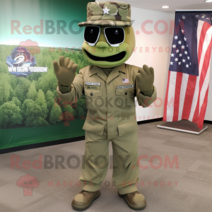 Olive American Soldier mascot costume character dressed with a Jumpsuit and Cufflinks