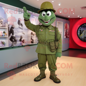Olive American Soldier mascot costume character dressed with a Jumpsuit and Cufflinks