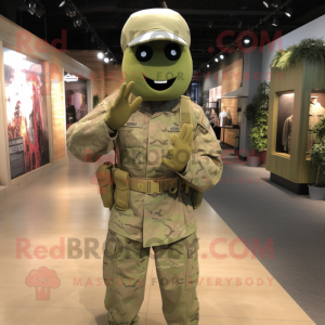 Olive American Soldier mascot costume character dressed with a Jumpsuit and Cufflinks