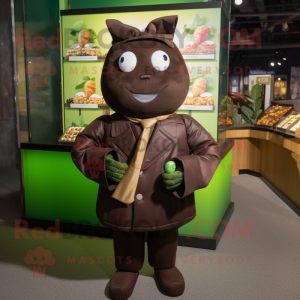 Olive Chocolate Bar mascot costume character dressed with a Turtleneck and Lapel pins