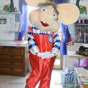 Mascote do rato de macacão vermelho com orelhas grandes -