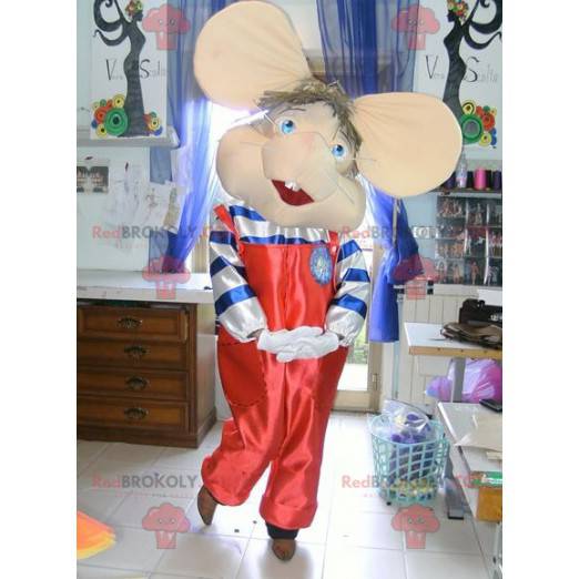 Muismascotte in rode overall met grote oren - Redbrokoly.com