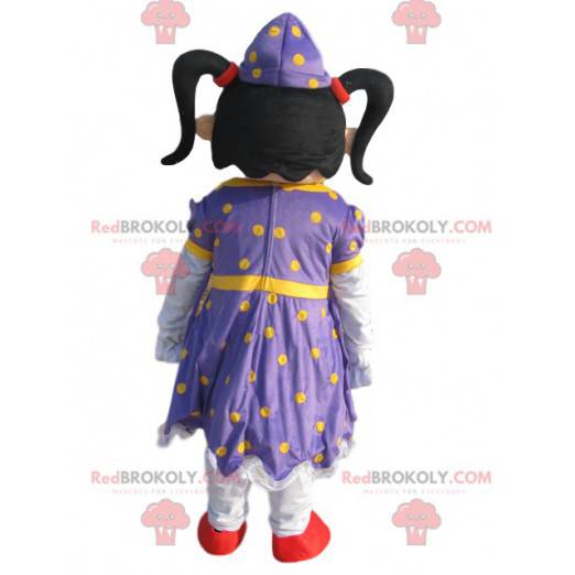 Mascote fada com vestido roxo com bolinhas amarelas -