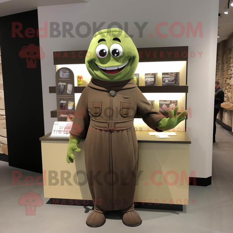 Olive Chocolate Bar mascot costume character dressed with a Turtleneck and Lapel pins