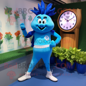 Blue Onion mascot costume character dressed with a Swimwear and Bracelet watches