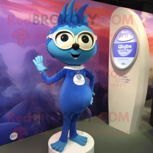 Blue Onion mascot costume character dressed with a Swimwear and Bracelet watches