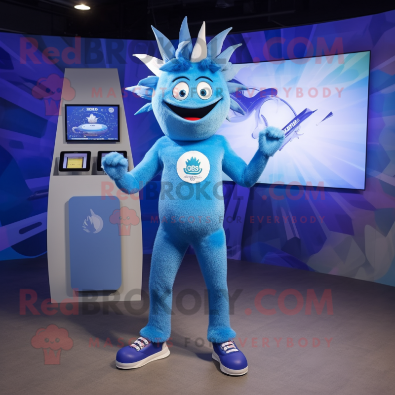 Blue Onion mascot costume character dressed with a Swimwear and Bracelet watches