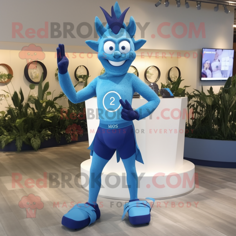 Blue Onion mascot costume character dressed with a Swimwear and Bracelet watches