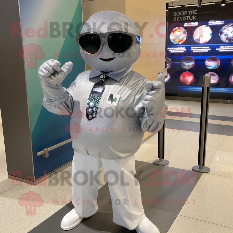 Silver Grenade mascot costume character dressed with a Dress Shirt and Sunglasses