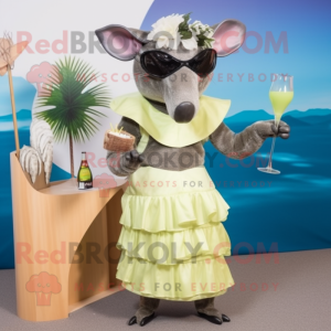 Olive Armadillo mascot costume character dressed with a Cocktail Dress and Sunglasses