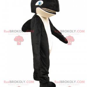 Black and white killer whale mascot with blue eyes -