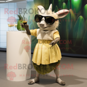 Olive Armadillo mascot costume character dressed with a Cocktail Dress and Sunglasses