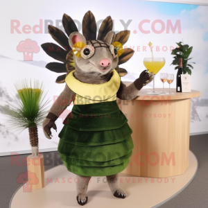 Olive Armadillo mascot costume character dressed with a Cocktail Dress and Sunglasses