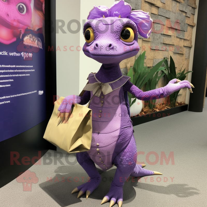 Purple Geckos mascot costume character dressed with a A-Line Dress and Handbags Purple Geckos mascot costume character dressed with a A-Line Dress and Handbags