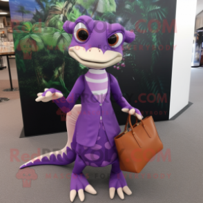 Purple Geckos mascot costume character dressed with a A-Line Dress and Handbags