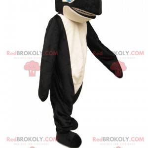 Black and white killer whale mascot with blue eyes -