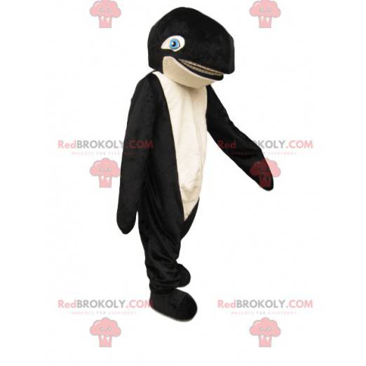 Black and white killer whale mascot with blue eyes -
