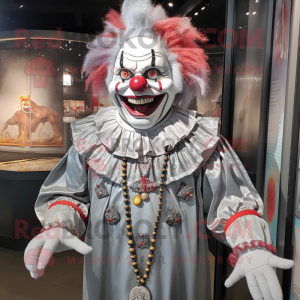 Silver Evil Clown mascot costume character dressed with a Henley Shirt and Necklaces