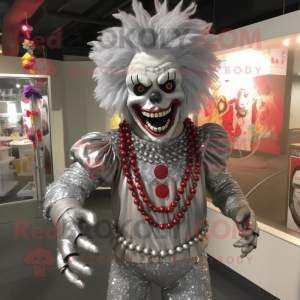 Silver Evil Clown mascot costume character dressed with a Henley Shirt and Necklaces