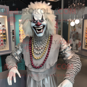 Silver Evil Clown mascot costume character dressed with a Henley Shirt and Necklaces