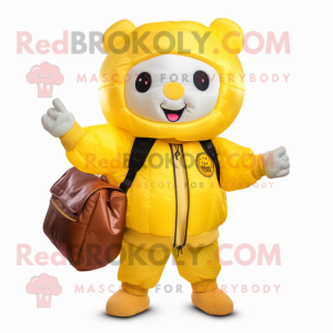 Yellow Dim Sum mascot costume character dressed with a Bomber Jacket and Messenger bags