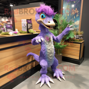 Lavender Velociraptor mascot costume character dressed with a Bikini and Hair clips