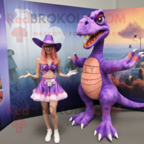 Lavender Velociraptor mascot costume character dressed with a Bikini and Hair clips