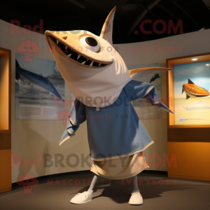 Tan Swordfish mascot costume character dressed with a Running Shorts and Shawl pins