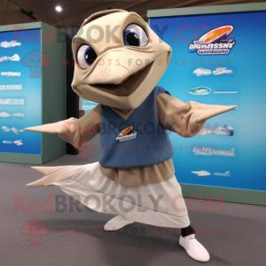 Tan Swordfish mascot costume character dressed with a Running Shorts and Shawl pins