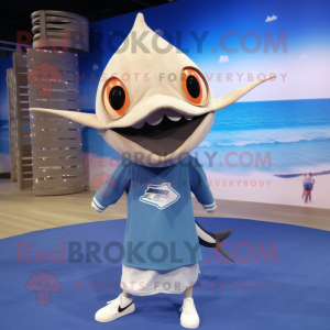 Tan Swordfish mascot costume character dressed with a Running Shorts and Shawl pins