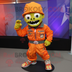 Orange Zombie mascot costume character dressed with a Moto Jacket and Shoe laces