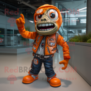 Orange Zombie mascot costume character dressed with a Moto Jacket and Shoe laces