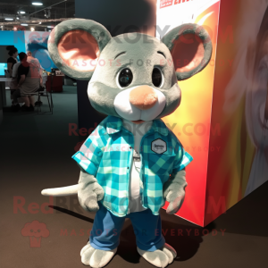 Turquoise Mouse mascot costume character dressed with a Flannel Shirt and Watches
