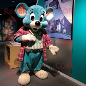 Turquoise Mouse mascot costume character dressed with a Flannel Shirt and Watches