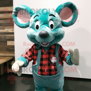 Turquoise Mouse mascot costume character dressed with a Flannel Shirt and Watches