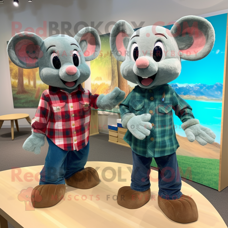 Turquoise Mouse mascot costume character dressed with a Flannel Shirt and Watches